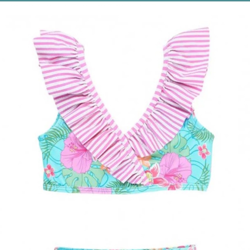 Rufflebutts NWT Orchid Oasis Seersucker Ruffle Bikini Top- Girl’s size 10